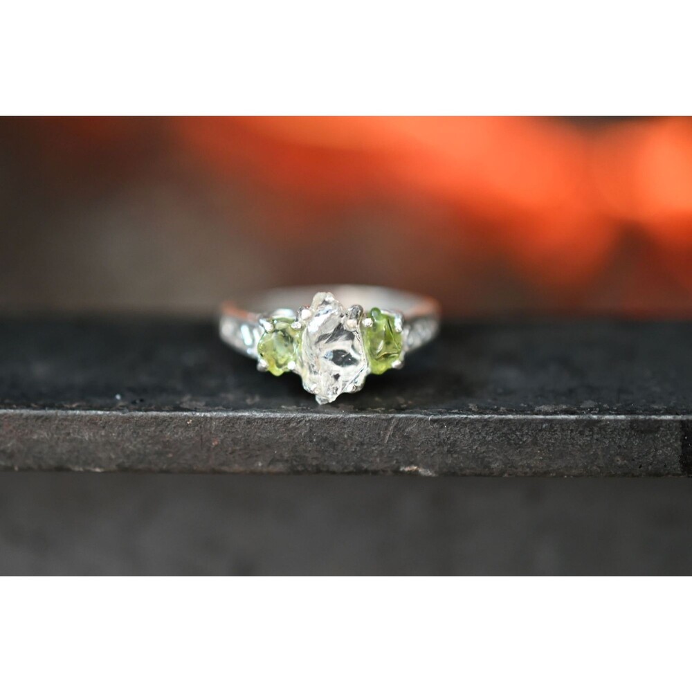 Raw Peridot and Diamond Engagement Ring, Engagement Ring, Raw Diamond Ring, Size